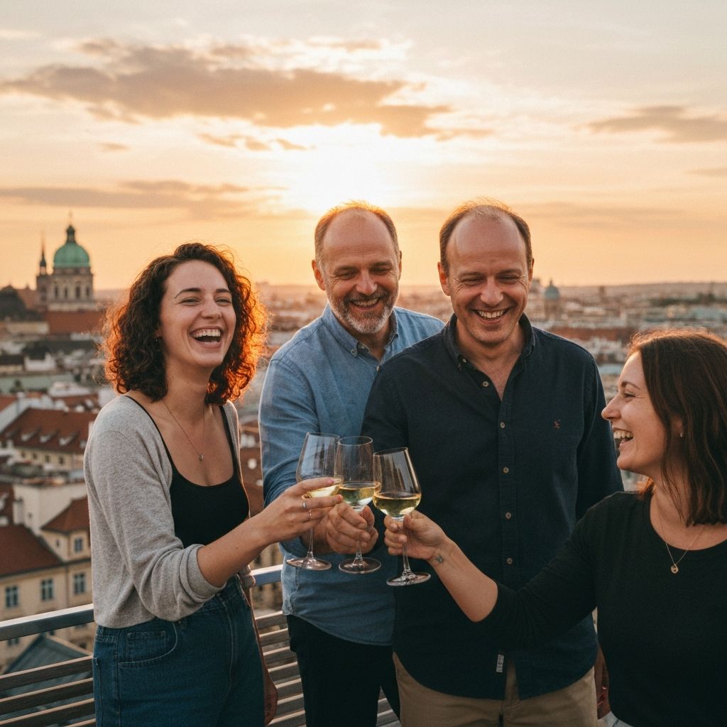 Group of friends on a rooftop terrace in Europe