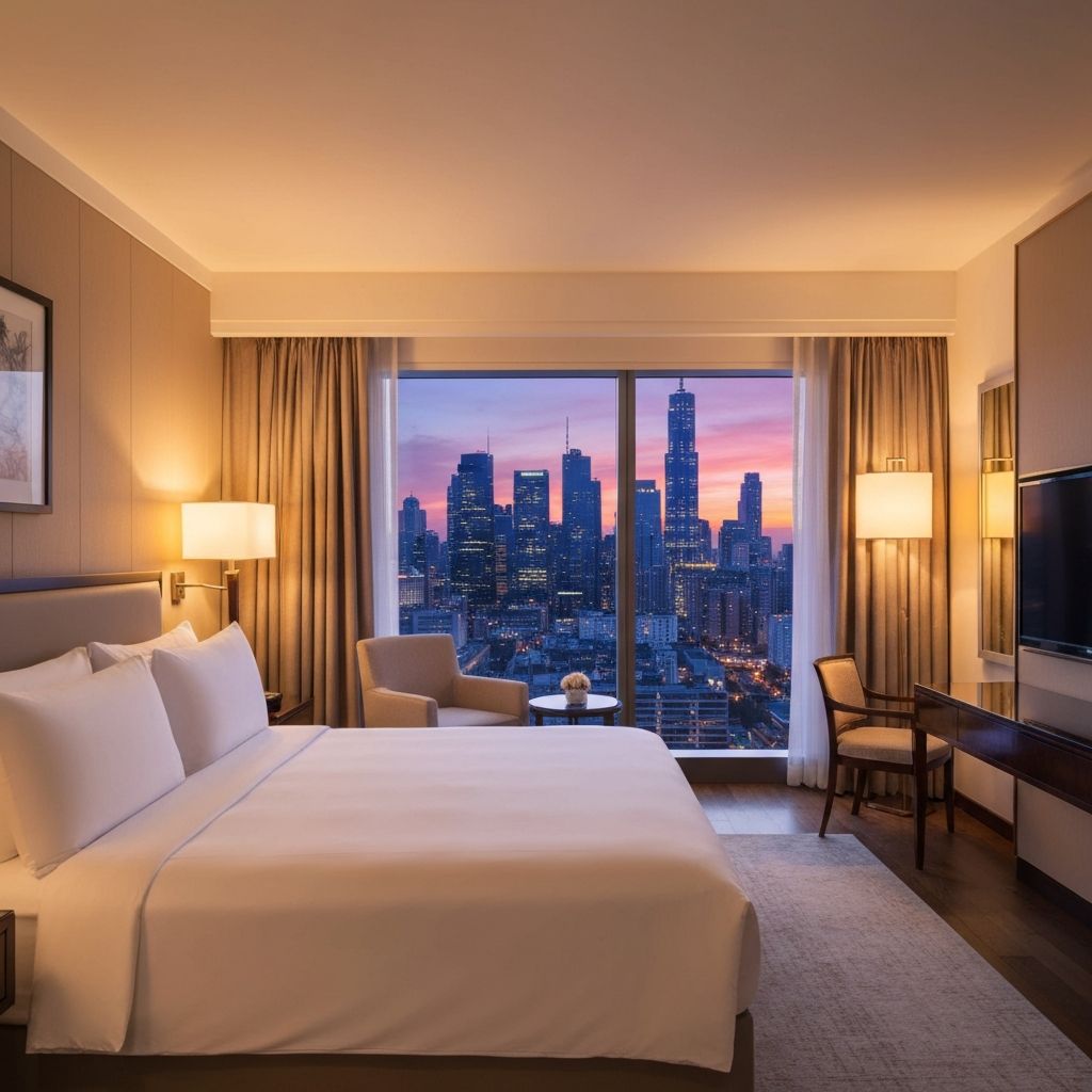 Luxury hotel room with city views
